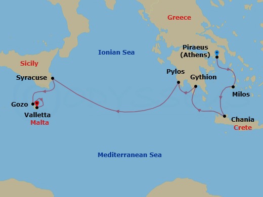 8 Night - Sicily & Greece - Star Flyer - Starting in Piraeus (Port of Athens), Greece, Milos / Adamas, Greece, Chania / Crete, Greece, Gythio, Greece, Pylos, Greece, Syracuse IT, Sicily, Italy, Gozo, Malta, Valletta, Malta itinerary map