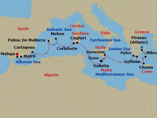 18 Night - Grand Voyage : Athens to Malaga - Star Flyer - Starting in Piraeus (Port of Athens), Greece, Milos / Adamas, Greece, Chania / Crete, Greece, Gythio, Greece, Pylos, Greece, Syracuse IT, Sicily, Italy, Gozo, Malta, Valletta, Malta, Cagliari / Sardinia, Italy, Carloforte / Sardinia, Italy, Mahon / Menorca / Balearic Islands, Spain, Palma De Mallorca, Mallorca / Balearic Islands, Spain, Cartagena ES, Motril, Spain, Malaga, Spain itinerary map