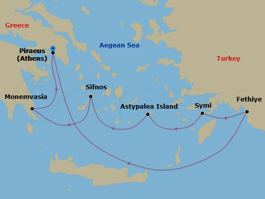 7 Night - Authentic Greek Escape - Star Flyer - Starting in Piraeus (Port of Athens), Greece, Fethiye, Turkey, Symi, Greece, Astypalea, Greece, Sifnos, Greece, Monemvasia, Greece, Piraeus (Port of Athens), Greece itinerary map