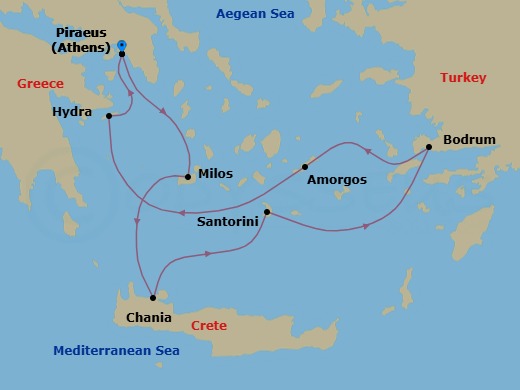 7 Night - Eternal Cyclades - Star Flyer - Starting in Piraeus (Port of Athens), Greece, Milos / Adamas, Greece, Chania / Crete, Greece, Santorini, Greece, Bodrum, Turkey, Amorgos, Greece, Hydra, Greece, Piraeus (Port of Athens), Greece itinerary map