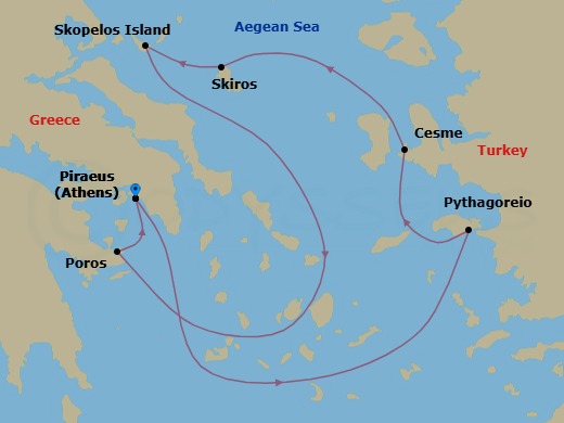 7 Night - Aegean Gems - Star Flyer - Starting in Piraeus (Port of Athens), Greece, Pythagoreio / Samos, Greece, Cesme, Turkey, Skiros, Greece, Skopelos, Greece, Poros, Greece, Piraeus (Port of Athens), Greece itinerary map