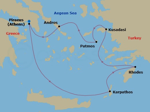 7 Night - Greek Island Odyssey - Star Flyer - Starting in Piraeus (Port of Athens), Greece, Pighadia / Karpathos, Greece, Rhodes, Greece, Morning Sailing Through Samos Strait, Kusadasi, Turkey (Optional Tour Ephesus), Patmos, Greece, Gavrio / Andros, Greece, Piraeus (Port of Athens), Greece itinerary map