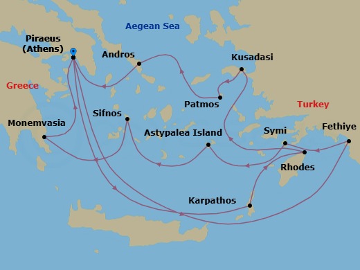 14 Night - Grand Voyage : Athens to Athens - Star Flyer - Starting in Piraeus (Port of Athens), Greece, Fethiye, Turkey, Symi, Greece, Astypalea, Greece, Sifnos, Greece, Monemvasia, Greece, Piraeus (Port of Athens), Greece, Pighadia / Karpathos, Greece, Rhodes, Greece, Morning Sailing Through Samos Strait, Kusadasi, Turkey (Optional Tour Ephesus), Patmos, Greece, Gavrio / Andros, Greece, Piraeus (Port of Athens), Greece itinerary map