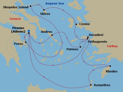 14 Night - Grand Voyage : Athens to Athens - Star Flyer - Starting in Piraeus (Port of Athens), Greece, Pighadia / Karpathos, Greece, Rhodes, Greece, Morning Sailing Through Samos Strait, Kusadasi, Turkey (Optional Tour Ephesus), Patmos, Greece, Gavrio / Andros, Greece, Piraeus (Port of Athens), Greece, Pythagoreio / Samos, Greece, Cesme, Turkey, Skiros, Greece, Skopelos, Greece, Poros, Greece, Piraeus (Port of Athens), Greece itinerary map