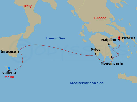 6 Night - Sicily & Greece - Star Flyer - Starting in Valletta, Malta, Syracuse IT, Sicily, Italy, Pylos, Greece, Monemvasia, Greece, Nafplio, Greece, Piraeus (Port of Athens), Greece itinerary map