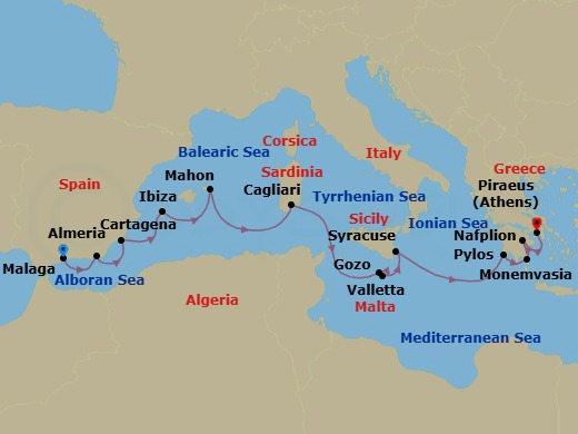 15 Night - Grand Voyage : Malaga to Athens - Star Flyer - Starting in Malaga, Spain, Almeria, Spain, Cartagena ES, Ibiza / Balearic Islands, Spain, Mahon / Menorca / Balearic Islands, Spain, Cagliari / Sardinia, Italy, Gozo, Malta, Valletta, Malta, Syracuse IT, Sicily, Italy, Pylos, Greece, Monemvasia, Greece, Nafplio, Greece, Piraeus (Port of Athens), Greece itinerary map