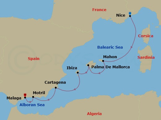 7 Night - Nice to Malaga - Star Clipper - Starting in Nice, France, Mahon / Menorca / Balearic Islands, Spain, Palma De Mallorca, Mallorca / Balearic Islands, Spain, Ibiza / Balearic Islands, Spain, Cartagena ES, Motril, Spain, Malaga, Spain itinerary map