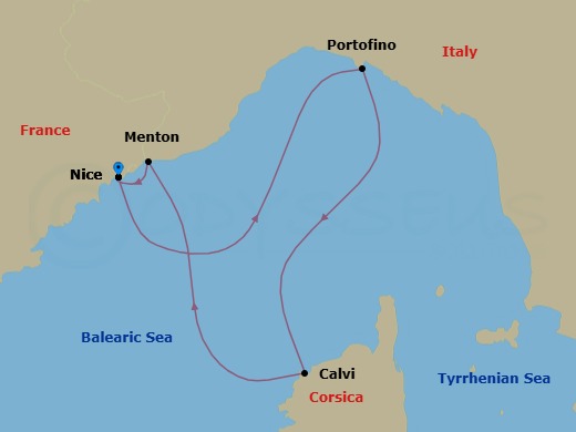 4 Night - Nice to Nice - Star Clipper - Starting in Nice, France, Portofino, Italy, Calvi / Corsica, France, Menton, France, Nice, France itinerary map