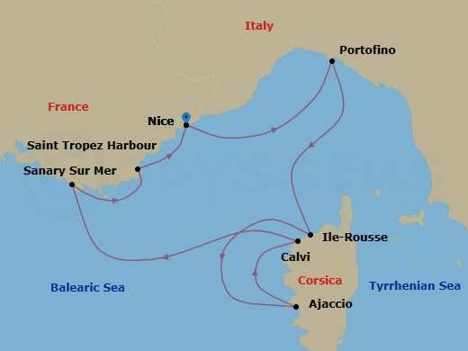 7 Night - Corsica & French Riviera - Star Clipper - Starting in Nice, France, Portofino, Italy, Lile-Rousse / Corsica, France, Ajaccio / Corsica, France, Calvi / Corsica, France, Sanary-sur-Mer, France, St Tropez, France, Nice, France itinerary map