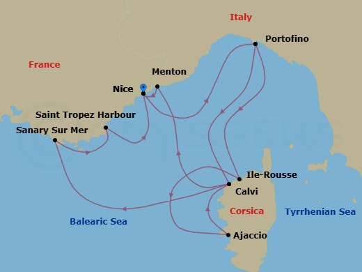 18 Night - Grand Voyage : Nice to Malaga - Star Clipper - Starting in Nice, France, Portofino, Italy, Lile-Rousse / Corsica, France, Ajaccio / Corsica, France, Calvi / Corsica, France, Sanary-sur-Mer, France, St Tropez (Port), France, Nice, France, Portofino, Italy, Calvi / Corsica, France, Menton, France, Nice, France itinerary map