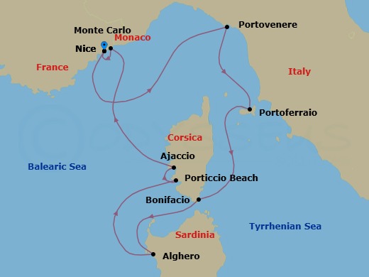 7 Night - Ligurian Sea - Star Clipper - Starting in Nice, France, Porto Venere, Italy, Portoferraio / Elba, Italy, Bonifacio / Corsica, France, Alghero / Sardinia, Italy, Porticcio Beach / Corsica, France, Ajaccio / Corsica, France, Monaco, Nice, France itinerary map