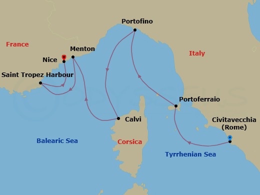 7 Night - Voiles De St. Tropez - Star Clipper - Starting in Civitavecchia (Port for Rome), Italy, Portoferraio / Elba, Italy, Portofino, Italy, Calvi / Corsica, France, Menton, France, St Tropez, France, St Tropez / Regatta Observation, St Tropez, France, Nice, France itinerary map