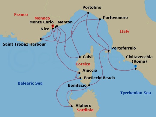 14 Night - Grand Voyage : Rome to Nice - Star Clipper - Starting in Civitavecchia (Port for Rome), Italy, Portoferraio / Elba, Italy, Portofino, Italy, Calvi / Corsica, France, Menton, France, St Tropez (Beach), France, St Tropez (Port), France, St Tropez Regatta Observation, St Tropez (Port), France, Nice, France, Porto Venere, Italy, Portoferraio / Elba, Italy, Bonifacio / Corsica, France, Alghero / Sardinia, Italy, Porticcio Beach / Corsica, France, Ajaccio / Corsica, France, Monaco, Nice, France itinerary map