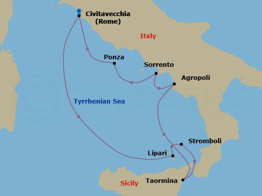 7 Night - Icons of the Italian Coast - Star Clipper - Starting in Civitavecchia (Port for Rome), Italy, Lipari / Aeolian Islands, Italy, Stromboli, Italy (Sailing in Area), Taormina, Sicily, Italy, Agropoli, Italy, Sorrento, Italy, Ponza / Pontine Islands, Italy, Civitavecchia (Port for Rome), Italy itinerary map