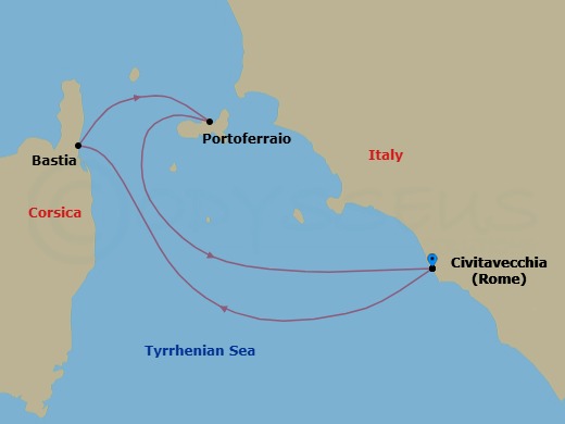 3 Night - Rome to Rome - Star Clipper - Starting in Civitavecchia (Port for Rome), Italy, Bastia / Corsica, France, Portoferraio / Elba, Italy, Civitavecchia (Port for Rome), Italy itinerary map