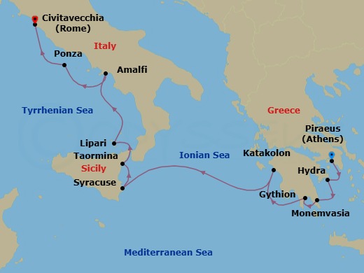 11 Night - Athens - Rome - Star Clipper - Starting in Piraeus (Port of Athens), Greece, Hydra, Greece, Monemvasia, Greece, Gythio, Greece, Katakolon, Greece, Syracuse IT, Sicily, Italy, Taormina, Sicily, Italy, Lipari / Aeolian Islands, Italy, Amalfi, Italy, Ponza / Pontine Islands, Italy, Civitavecchia (Port for Rome), Italy itinerary map
