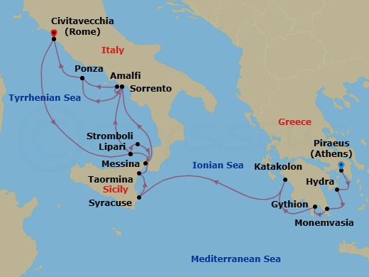 18 Night - Grand Voyage : Athens to Rome - Star Clipper - Starting in Piraeus (Port of Athens), Greece, Hydra, Greece, Monemvasia, Greece, Gythio, Greece, Katakolon, Greece, Syracuse IT, Sicily, Italy, Taormina, Sicily, Italy, Lipari / Aeolian Islands, Italy, Amalfi, Italy, Ponza / Pontine Islands, Italy, Civitavecchia (Port for Rome), Italy, Lipari / Aeolian Islands, Italy, Stromboli, Italy (Sailing in Area), Messina, Sicily, Italy, Amalfi, Italy, Sorrento, Italy, Ponza / Pontine Islands, Italy, Civitavecchia (Port for Rome), Italy itinerary map