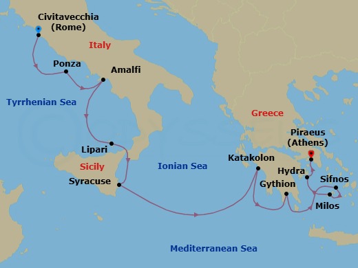 11 Night - Italy & Greece - Star Clipper - Starting in Civitavecchia (Port for Rome), Italy, Ponza / Pontine Islands, Italy, Amalfi, Italy, Lipari / Aeolian Islands, Italy, Syracuse IT, Sicily, Italy, Katakolon, Greece, Gythio, Greece, Sifnos, Greece, Morning Swim Stop Kleftiko / Milos, Weather Permitting, Milos / Adamas, Greece, Hydra, Greece, Piraeus (Port of Athens), Greece itinerary map