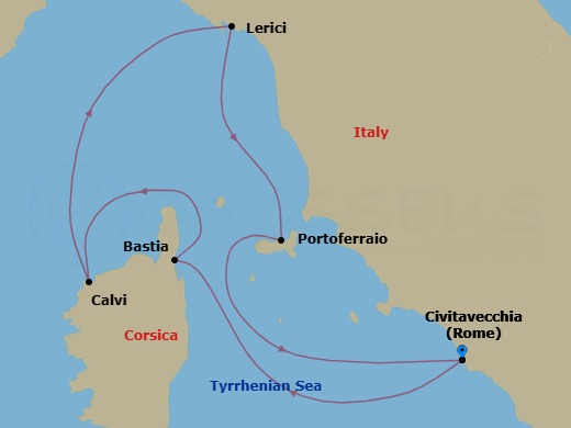5 Night - Corsica & Italy - Star Clipper - Starting in Civitavecchia (Port for Rome), Italy, Bastia / Corsica, France, Calvi / Corsica, France, Lerici, Italy, Portoferraio / Elba, Italy, Civitavecchia (Port for Rome), Italy itinerary map