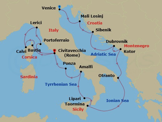16 Night - Grand Voyage : Venice to Rome - Star Clipper - Starting in Venice, Italy, Mali Losinj, Croatia, Sibenik, Croatia, Morning Swim Stop Dubrovnik Area, Weather Permitting, Dubrovnik, Croatia, Kotor, Montenegro, Otranto, Italy, Taormina, Sicily, Italy, Lipari / Aeolian Islands, Italy, Amalfi, Italy, Ponza / Pontine Islands, Italy, Civitavecchia (Port for Rome), Italy, Bastia / Corsica, France, Calvi / Corsica, France, Lerici, Italy, Portoferraio / Elba, Italy, Civitavecchia (Port for Rome), Italy itinerary map