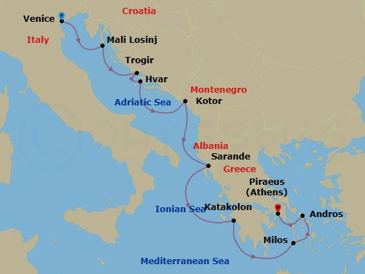 11 Night - Croatia, Albania & Greece - Star Clipper - Starting in Venice, Italy, Mali Losinj, Croatia, Trogir, Croatia, Hvar, Croatia, Kotor, Montenegro, Saranda, Albania, Katakolon, Greece, Morning Swim Stop Kleftiko / Milos, Weather Permitting, Milos / Adamas, Greece, Gavrio / Andros, Greece, Piraeus (Port of Athens), Greece itinerary map