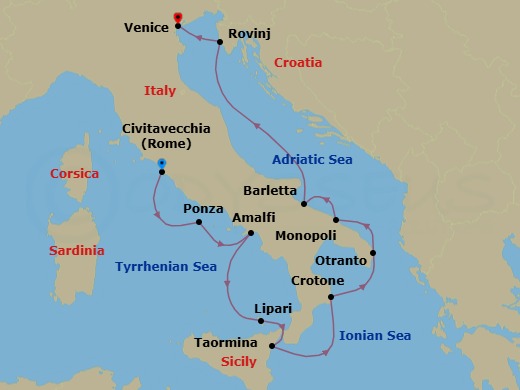 11 Night - Italy & Croatia - Star Clipper - Starting in Civitavecchia (Port for Rome), Italy, Ponza, Italy, Amalfi, Italy, Lipari / Aeolian Islands, Italy, Taormina, Sicily, Italy, Crotone, Italy, Otranto, Italy, Monopoli, Italy, Barletta, Italy, Rovinj, Croatia, Venice, Italy itinerary map
