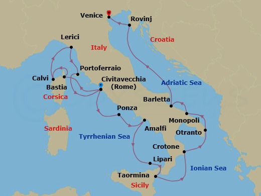 16 Night - Grand Voyage : Rome to Venice - Star Clipper - Starting in Civitavecchia (Port for Rome), Italy, Bastia / Corsica, France, Calvi / Corsica, France, Lerici, Italy, Portoferraio / Elba, Italy, Civitavecchia (Port for Rome), Italy, Ponza, Italy, Amalfi, Italy, Lipari / Aeolian Islands, Italy, Taormina, Sicily, Italy, Crotone, Italy, Otranto, Italy, Monopoli, Italy, Barletta, Italy, Rovinj, Croatia, Venice, Italy itinerary map