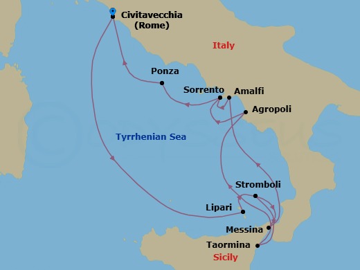 14 Night - Grand Voyage : Rome to Rome - Star Clipper - Starting in Civitavecchia (Port for Rome), Italy, Lipari / Aeolian Islands, Italy, Stromboli, Italy (Sailing in Area), Messina, Sicily, Italy, Amalfi, Italy, Sorrento, Italy, Ponza / Pontine Islands, Italy, Civitavecchia (Port for Rome), Italy, Lipari / Aeolian Islands, Italy, Stromboli, Italy (Sailing in Area), Taormina, Sicily, Italy, Agropoli, Italy, Sorrento, Italy, Ponza / Pontine Islands, Italy, Civitavecchia (Port for Rome), Italy itinerary map