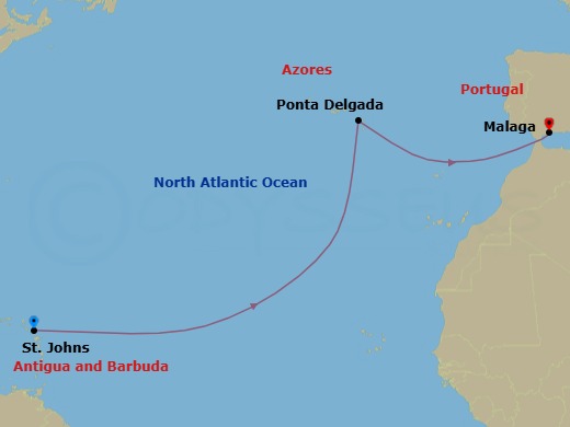 20 Night - Eastbound Atlantic Ocean Crossing - Star Clipper - Starting in St Johns AG, Ponta Delgada, Azores, Portugal, Malaga, Spain itinerary map