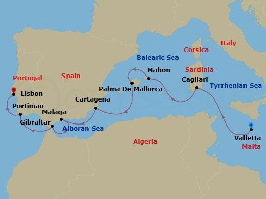 10 Night - Malta to Lisbon - Royal Clipper - Starting in Valletta, Malta, Cagliari / Sardinia, Italy, Mahon / Menorca / Balearic Islands, Spain, Palma De Mallorca, Mallorca / Balearic Islands, Spain, Cartagena ES, Malaga, Spain, Gibraltar, British Overseas Territory, Portimao, Portugal, Lisbon, Portugal itinerary map