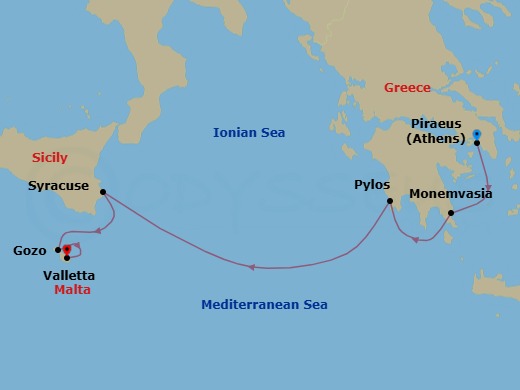 6 Night - Sicily & Greece - Royal Clipper - Starting in Piraeus (Port of Athens), Greece, Monemvasia, Greece, Pylos, Greece, Syracuse IT, Sicily, Italy, Gozo, Malta, Valletta, Malta itinerary map