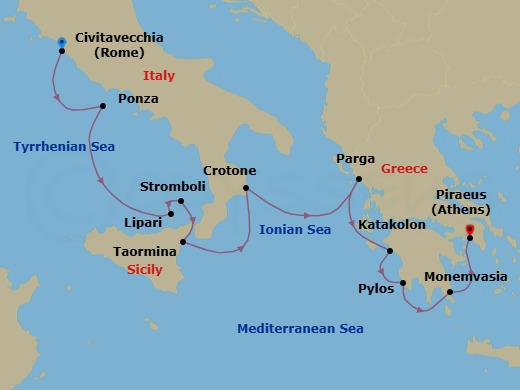 9 Night - Rome to Athens - Royal Clipper - Starting in Civitavecchia (Port for Rome), Italy, Ponza / Pontine Islands, Italy, Lipari / Aeolian Islands, Italy, Stromboli, Italy (Sailing in Area), Taormina, Sicily, Italy, Crotone, Italy, Parga, Greece, Katakolon, Greece, Pylos, Greece, Monemvasia, Greece, Piraeus (Port of Athens), Greece itinerary map
