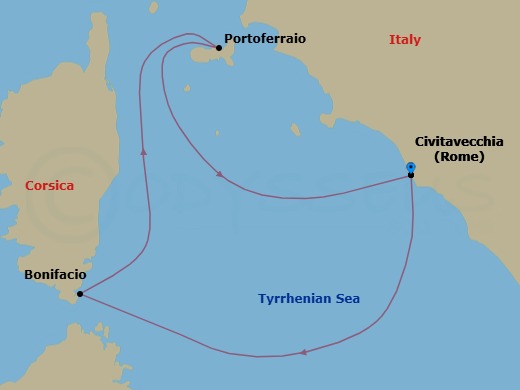 3 Night - Rome to Rome - Royal Clipper - Starting in Civitavecchia (Port for Rome), Italy, Bonifacio / Corsica, France, Portoferraio / Elba, Italy, Civitavecchia (Port for Rome), Italy itinerary map
