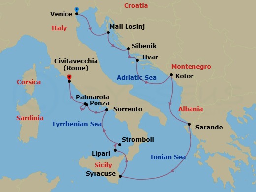 11 Night - Italy, Montenegro, Albania & Croatia - Royal Clipper - Starting in Venice, Italy, Mali Losinj, Croatia, Sibenik, Croatia, Hvar, Croatia, Kotor, Montenegro, Saranda, Albania, Syracuse IT, Sicily, Italy, Lipari / Aeolian Islands, Italy, Stromboli, Italy (Sailing in Area), Sorrento, Italy, Ponza / Pontine Islands, Italy, Palmarola / Pontine Islands, Italy, Civitavecchia (Port for Rome), Italy itinerary map