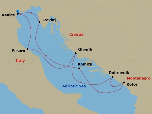 7 Night - Classic Adriatic Escapes - Royal Clipper - Starting in Venice, Italy, Pesaro, Italy, Sibenik, Croatia, Morning Swim Stop Dubrovnik Area, Weather Permitting, Dubrovnik, Croatia, Kotor, Montenegro, Komiza / Vis, Croatia, Rovinj, Croatia, Venice, Italy itinerary map