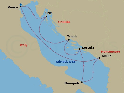 7 Night - Authentic Adriatic - Royal Clipper - Starting in Venice, Italy, Kotor, Montenegro, Monopoli, Italy, Korcula, Croatia, Trogir, Croatia, Cres, Croatia, Venice, Italy itinerary map