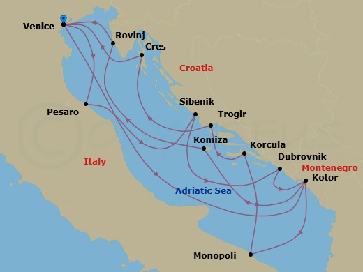 14 Night - Grand Voyage : Venice to Venice - Royal Clipper - Starting in Venice, Italy, Kotor, Montenegro, Monopoli, Italy, Korcula, Croatia, Trogir, Croatia, Cres, Croatia, Venice, Italy, Pesaro, Italy, Sibenik, Croatia, Morning Swim Stop Dubrovnik Area, Weather Permitting, Dubrovnik, Croatia, Kotor, Montenegro, Komiza / Vis, Croatia, Rovinj, Croatia, Venice, Italy itinerary map
