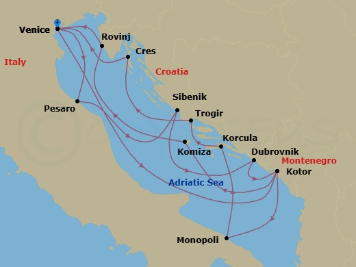 14 Night - Grand Voyage : Venice to Venice - Royal Clipper - Starting in Venice, Italy, Pesaro, Italy, Sibenik, Croatia, Morning Swim Stop Dubrovnik Area, Weather Permitting, Dubrovnik, Croatia, Kotor, Montenegro, Komiza / Vis, Croatia, Rovinj, Croatia, Venice, Italy, Kotor, Montenegro, Monopoli, Italy, Korcula, Croatia, Trogir, Croatia, Cres, Croatia, Venice, Italy itinerary map