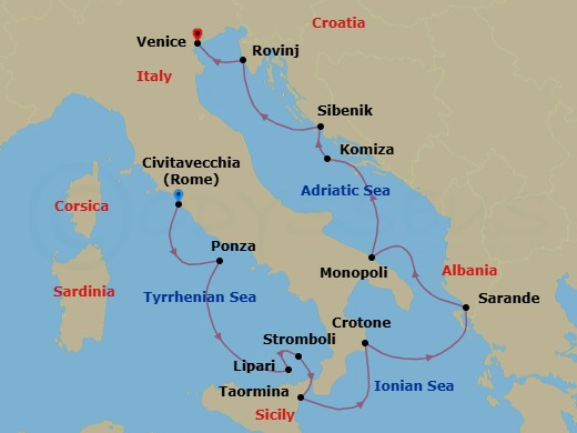 10 Night - Italy, Albania & Croatia - Royal Clipper - Starting in Civitavecchia (Port for Rome), Italy, Ponza, Italy, Lipari / Aeolian Islands, Italy, Stromboli, Italy (Sailing in Area), Taormina, Sicily, Italy, Crotone, Italy, Saranda, Albania, Monopoli, Italy, Komiza / Vis, Croatia, Sibenik, Croatia, Rovinj, Croatia, Venice, Italy itinerary map