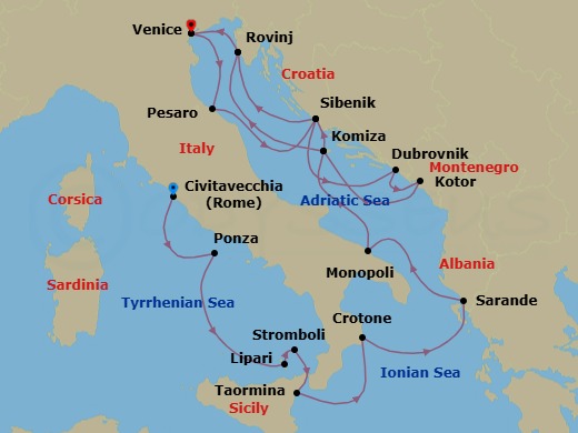 17 Night - Grand Voyage : Rome to Venice - Royal Clipper - Starting in Civitavecchia (Port for Rome), Italy, Ponza, Italy, Lipari / Aeolian Islands, Italy, Stromboli, Italy (Sailing in Area), Taormina, Sicily, Italy, Crotone, Italy, Saranda, Albania, Monopoli, Italy, Komiza / Vis, Croatia, Sibenik, Croatia, Rovinj, Croatia, Venice, Italy, Pesaro, Italy, Sibenik, Croatia, Morning Swim Stop Dubrovnik Area, Weather Permitting, Dubrovnik, Croatia, Kotor, Montenegro, Komiza / Vis, Croatia, Rovinj, Croatia, Venice, Italy itinerary map