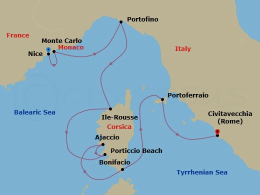 7 Night - Treasures of Corsica - Royal Clipper - Starting in Nice, France, Monaco, Portofino, Italy, Lile Rousse / Corsica, France, Porticcio Beach / Corsica, France, Ajaccio / Corsica, France, Bonifacio / Corsica, France, Portoferraio / Elba, Italy, Civitavecchia (Port for Rome), Italy itinerary map