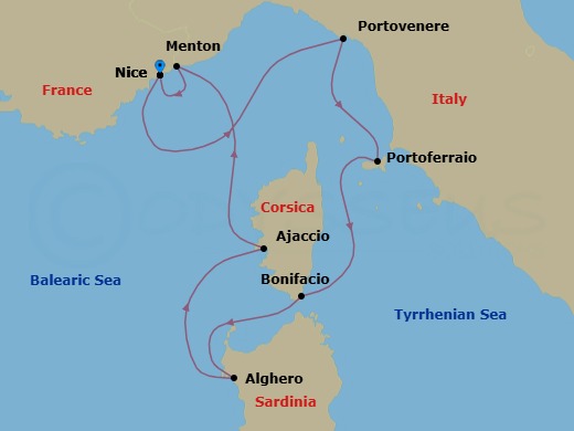 7 Night - Ligurian Sea - Royal Clipper - Starting in Nice, France, Porto Venere, Italy, Portoferraio / Elba, Italy, Bonifacio / Corsica, France, Alghero / Sardinia, Italy, Ajaccio / Corsica, France, Menton, France, Nice, France itinerary map