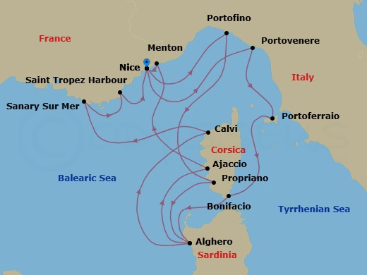 14 Night - Grand Voyage : Nice to Nice - Royal Clipper - Starting in Nice, France, Portofino, Italy, Propriano / Corsica, France, Alghero / Sardinia, Italy, Calvi / Corsica, France, Sanary-sur-Mer, France, St Tropez (Port), France, Nice, France, Porto Venere, Italy, Portoferraio / Elba, Italy, Bonifacio / Corsica, France, Alghero / Sardinia, Italy, Ajaccio / Corsica, France, Menton, France, Nice, France itinerary map