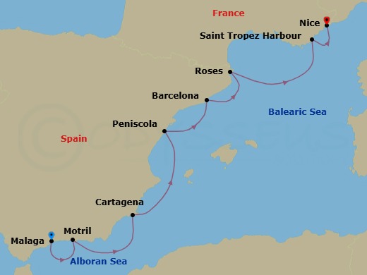 7 Night - Malaga to Nice - Royal Clipper - Starting in Malaga, Spain, Motril, Spain, Cartagena ES, Peniscola, Spain, Barcelona, Spain, Roses, Spain, St Tropez, France, Nice, France itinerary map