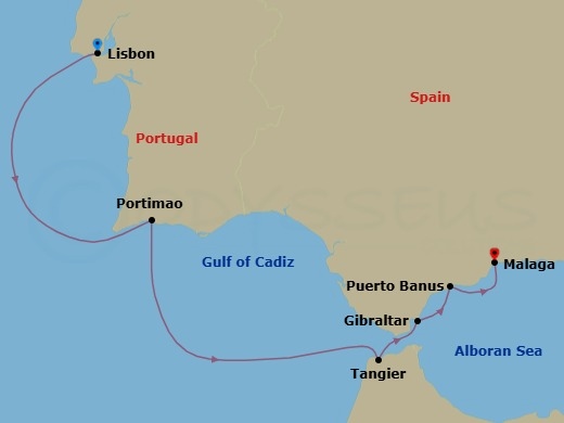 5 Night - Lisbon to Malaga - Royal Clipper - Starting in Lisbon, Portugal, Portimao, Portugal, Tangier, Morocco, Gibraltar, British Overseas Territory, Puerto Banus (Marbella), Spain, Malaga, Spain itinerary map