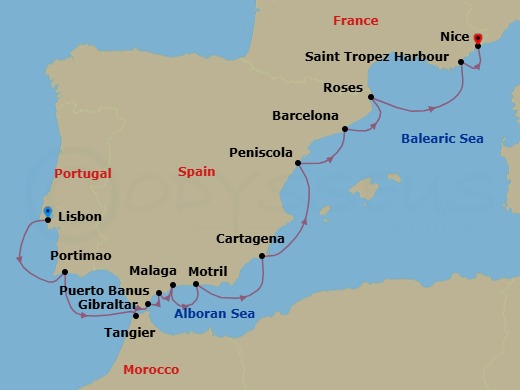 12 Night - Grand Voyage : Lisbon to Nice - Royal Clipper - Starting in Lisbon, Portugal, Portimao, Portugal, Tangier, Morocco, Gibraltar, British Overseas Territory, Puerto Banus (Marbella), Spain, Malaga, Spain, Motril, Spain, Cartagena ES, Peniscola, Spain, Barcelona, Spain, Roses, Spain, St Tropez (Port), France, Nice, France itinerary map