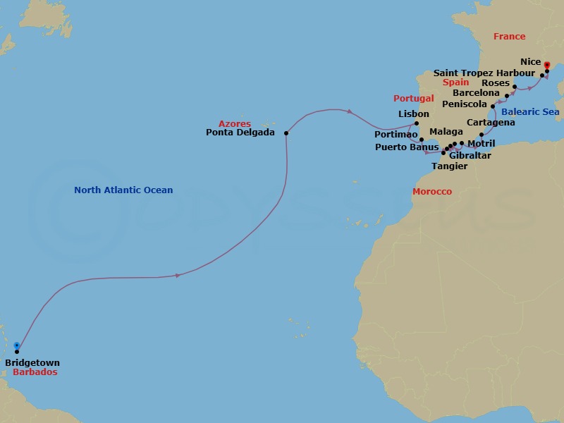 28 Night - Eastbound Atlantic Ocean Crossing - Royal Clipper - Starting in Bridgetown, Barbados, Ponta Delgada, Azores, Portugal, Lisbon, Portugal, Portimao, Portugal, Tangier, Morocco, Gibraltar, British Overseas Territory, Puerto Banus (Marbella), Spain, Malaga, Spain, Motril, Spain, Cartagena ES, Peniscola, Spain, Barcelona, Spain, Roses, Spain, St Tropez, France, Nice, France itinerary map