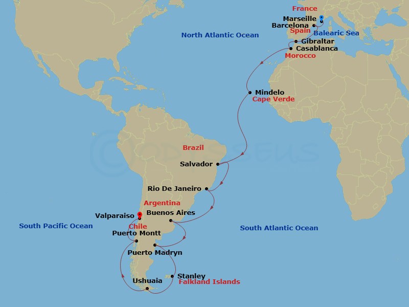 35 Night - Mrs - MSC Magnifica - Starting in Marseille (Provence), France, Barcelona, Spain, Gibraltar, Casablanca (Marrakesh), Morocco, Mindelo, Cape Verde, Salvador, Brazil, Rio De Janeiro, Brazil, Buenos Aires, Argentina, Puerto Madryn, Argentina, Port Stanley, Falkland Islands, Ushuaia, Argentina, Puerto Montt, Chile, Valparaiso, Chile itinerary map
