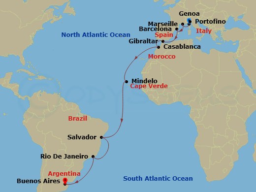21 Night - Msc World Cruise - MSC Magnifica - Starting in Genoa (Portofino), Italy, Marseille (Provence), France, Barcelona, Spain, Gibraltar, Casablanca (Marrakesh), Morocco, Mindelo, Cape Verde, Salvador, Brazil, Rio De Janeiro, Brazil, Buenos Aires, Argentina itinerary map