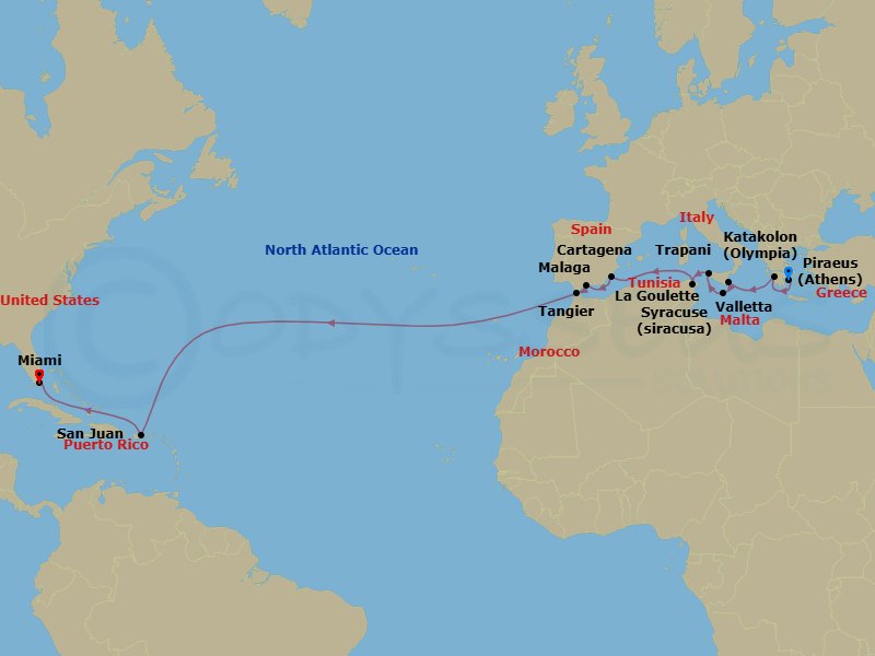 21 Night - Transatlantic Cruise : Malta, Malaga & Miami - Azamara Quest - Starting in Athens (Piraeus), Olympia (Katakolon), Siracusa, Sicily, Valletta, Trapani, Sicily, La Goulette, Cartagena ES, Malaga, Tangier, San Juan, Miami, Florida itinerary map